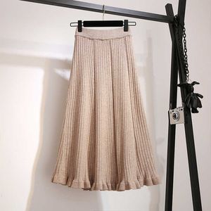 Korean Ruffle Skirt Women Fall Winter Black Gray Coffee Knit Mid Long Pleated Skirt Elastic Female Slim Mermaid Skirt 210608