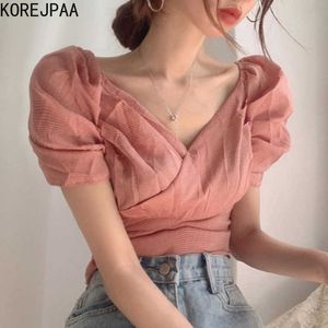 Korjpaa Kvinnor Blusar Koreanska Chic Retro Sweet V-Neck Sexig Folds Kors Midja Bubbla Plaid Sleeve T-shirt Top Kvinna 210526