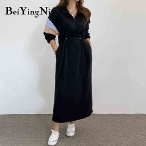 Beiyingni Women's Oversized Sweatshirt Dress Casual Warm Thicken Korean Drawstring Zipper Plus Size Hoodies Dresses Hit Color Y1204