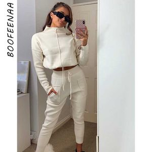 Boofeenaa Sportowy Dwuczęściowy Zestaw Z Długim Rękawem Top I Pants Garnitury Sweaty Kobiety Dopasowanie Zestawy Casual Dressuit Lounge Wear C69-EZ66 Y0625