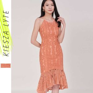 Women Elegant Dress Summer Ladies Sexy V-neck Fishtail Orange Lace Sheath Dresses Evening Party Vestidos 210608