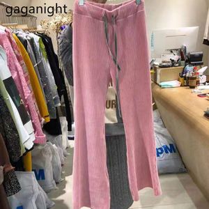 Gaganight Casual Luźne Kobiety Długie Spodnie Wysokiej Talii Elastyczne Spodnie Sznurek Dama Spring Flare Spodnie Szerokiej Nogi Solidne Pantalon 210519