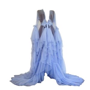 Ladies Tulle Robe Sexy V Neck Long Sleeve See-Through Gowns Fluffy Photography Bridal Robes Marabou/Charmeuse Dressing Gown Party Gifts Bridesmaid Dress