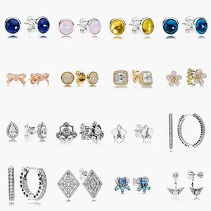 925 Sterling Silver stud Brand New Sparkling Double Hoop Earrings High Jewelry blue gemstone gold Ear Studs charm Dust Bag Gifts fit Pandora Charm