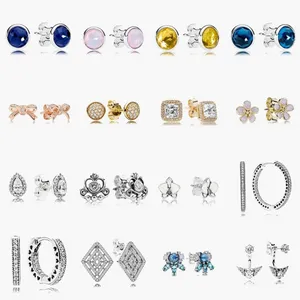 925 Sterling Silver Stud Brand New Sparkling Double Hoop Brincos Alta Jóias Azul Gemstone Gold Ear Studs Charme Pó Saco Presentes Fit Pandora Charm