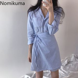 ノミクマエレガントなヴィンテージストライプドレス女性シングルブレスト長袖不規則なドレス韓国のファッションvestidos Mujer 3B219 210514