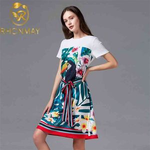 Mode Elegantes Sommerkleid Runway Frauen Patchwork Bogen Schärpen Druck Kristall Damen Lose Taille Knielange Kleider 210506