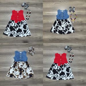 GirlyMax Yaz Elbise Bebek Kız Çocuk Giyim Butik Denim Inek Diz Boyu Ruffles Kolsuz Kravat Düğüm Eşleştirme Aksesuarları Q0716