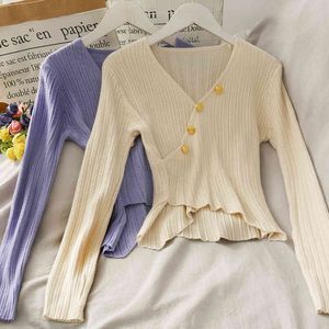 Pullover da donna primavera autunno top in maglia maglione con scollo a V petto irregolare obliquo manica lunga GD559 210506
