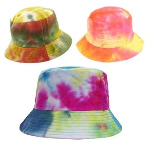 Donna Uomo Harajuku Tie-Dye Cappello a secchiello colorato a contrasto Reversibile Packable Visiera parasole a tesa larga Hip Hop Cotton Fisherman Cap 11