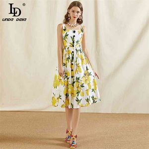 Moda Summer Summer Sukienka Damska Spaghetti Pasek Przycisk Yellow Lemon Print Party Elegant 210522