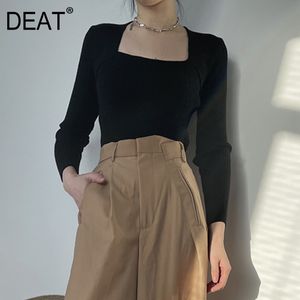 [DEAT] Square Collar Solid Black Bottomed Thin Knitted Shirt Women Sexy Clavicle Y2l Clothes Mall Goth Spring GX590 210428