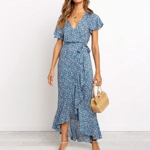 Vintage Floral Print Maxi Sukienka Kobiety Boho Krótki Rękaw Długa Koszula Koszula Dekoracie ES 210524