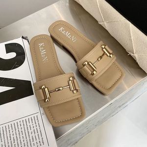 TX002 Summer Fashion Personality Square Head Women's Sandals Slippers PU Leather + Metal for Outdoor Wearing Flat Bottom Flip Flops Dropship