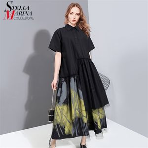 Gemalt Stil Frauen Sommer Designer Vintage Schwarz Langes Hemd Kleid Retro Print Mesh Overlay Dame Casual Robe 6138 210623