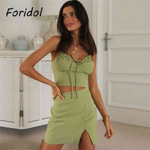 Plaid Cut Dress Suits Women Summer Beach Slit Sets Boho Lace Up High Waist Green Vintage Vestidos 210427