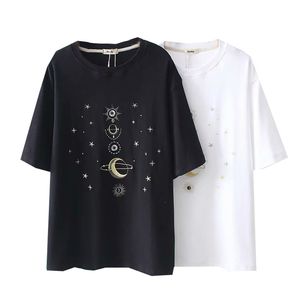 T-shirt a maniche corte bianca nera T-shirt da donna O collo Summer Moon Star Ricamo B0296 210514