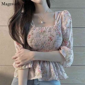 Sommer Chic Square Kragen Kurzarm Tops Frauen Koreanische Rosa Rüschen Vintage Frau Shirts Fashion Lace Up Floral Blusen 14399 210512