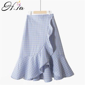 Korea summer Chiffon Plaid skirt women Knee Length casual loose Ruffles Irregular Jupes Faldas skirts Streetwear Girl 210430