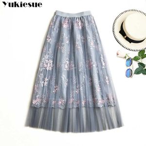 elegant broderi spets boho strand hög midja kvinnor kjolar kvinna kvinna Jupe femme 3 lager lång maxi pläterad tulle kjol 210608