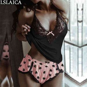 Sexy 2 piece lace patchwork black tops&pink short pants 2 outfits for women Hit color underwear two set top and pant 210515