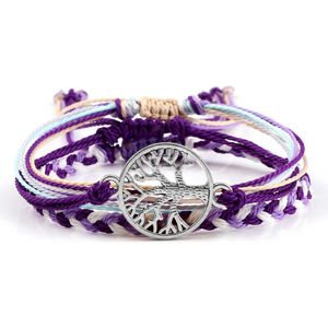 Lila Rope Lucky Armband Set för Kvinnor Träd av liv Vågor Charm Wax String Yoga Armband Justerbara Bangles Bohemian Smycken G1026