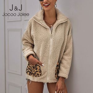 JOCoo Jolee Kobiety Winter Casual Grube Ciepłe Zipper Bluzy Płaszcz Vintage Leopard Patchwork Loece Kurtka Pluszowa Znosić z kieszenią 210518