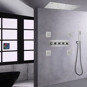 Brushed Nickel LED Shower System Wall-mounted Ceiling Shower Head Thermostatic Rain Mist Spa Handheld Douche Massage