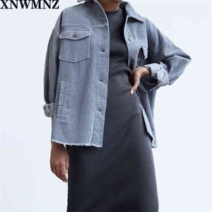 Women Chic Fashion corduroy overshirt Spring Autumn Collared long sleeves welt pockets frayed hem Female tops 210520