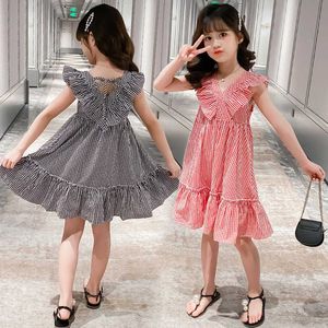 Elegant V-Neck Dress For Girl Summer Casual Baby Girls Back Bowknot Dress Clothes Sexy Kids Plaid Sleeveless Backless Sundress Q0716