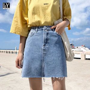 Ly Varey Lin Summer Women Hight Waist A-Line Denim Skirt Sweet Button High Street Pocket All-matchad 210526