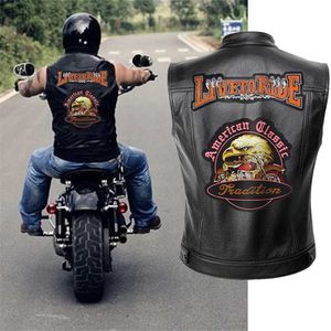 Live to Ride Motorcycle Leather Vest Jacket Mens Spring Jackor Black Motorrad Gilet Plus Storlek 211111