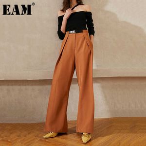 [EAM] 높은 허리 캐러멜 컬러 Pleated 긴 넓은 다리 바지 새로운 느슨한 맞는 바지 여성 패션 조류 봄 가을 2021 1DC932 Q0801