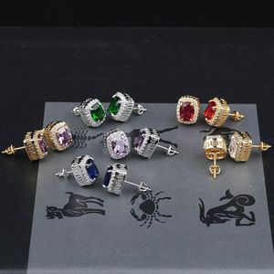 Brincos masculinos de hip hop, joias coloridas com pedras preciosas, ouro, prata, quadrado, brinco de diamante simulado
