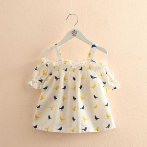 Summer 2 3 4 6 8 10 Years Design Shirt Children Stripe Off Shoulder Tops Strapless Short Sleeve Cute Kids Girl Blouse 210529