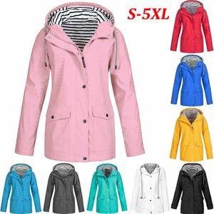 Mode Vindskyddad regnrockar Kvinnor Långärmad Hooded Solid Rain Jackor Outdoor Vattentät Raincoat För Ladies