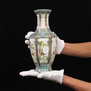 Emalia Ceramiczna Wazon Malarstwo w Qianlong Year Mark Golden Zodiak Hexagonal Vase Antyczne Kolekcja Porcelanowa 211103