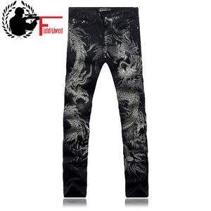 Black Jeans Men's Cotton Dragon Pattern Brand Designer Mens Printed Jeans pants Slim Fit Denim trousers Joggers Male 210518