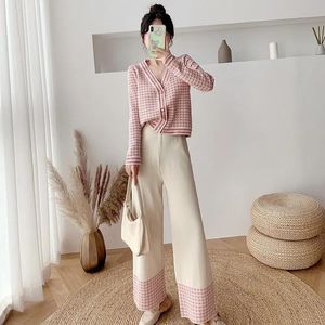 Koreanischer schicker Hahnentritt-Strickanzug für Damen, modisch, lockere Strickjacke, Tops + gespleißte Hose mit weitem Bein, zweiteiliges Set, lässiges Outfit für Damen
