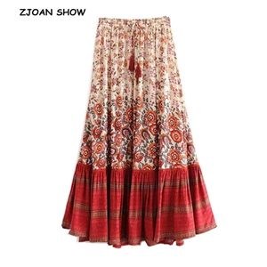 Bohemian Stream Localização Floral Impressão Longo Saia Ruffles Hem Holiday Women Hollow Out Lacing Up Cintura Swing Skirts Praia 210429