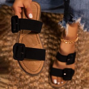Women Slippers Flat Woman Belt Buckle Square Sandals Casual Open Toe Beach Shoes Female Fashion Slides 2020 Ladies Outdoor Shoes