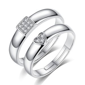 Coração quadrado Diamond Cluster Anéis de Prata Aberto Ajustável Casal Anel de Casamento para Wome Homens Moda Jóias