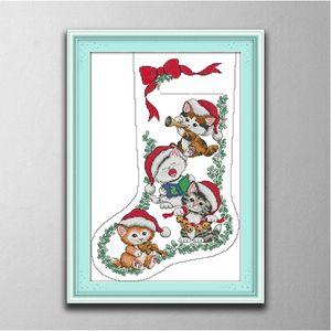 Kitten Christmas Stocking Handmade Cross Stitch Craft Tools Embroidery Needlework sets counted print on canvas DMC 14CT 11CT Home decor paintings
