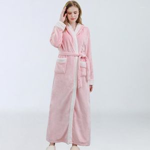 Damska Różowa Flanel Robe Grube Koszulka Koszulka Kobiety Kimono Suknia Winter Ciepła Nocna