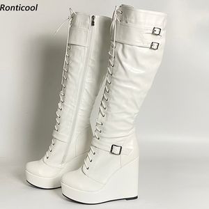 Rontic Handmade Women Winter Knee Boots Buckle Full Side Zipper Wedges Heels Round Toe Pretty White Shoes Plus US Size 5-20