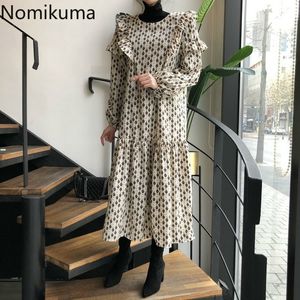 Nomikuma Ruffle Patchwork Floral Printed Dresses O Neck Long Sleeve Casual Loose Vintage Dress Women Korean Style Vestidos 3e132 210514