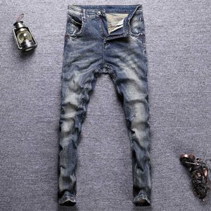 European Vintage Fashion Men Jeans Retro Dark Blue Elastic Slim Fit Ripped Distred Designer Casual Denim Pants CNCZ