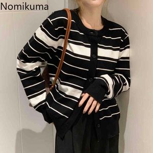 Nomikuma Black White Striped Knitwear Coat Autumn Long Sleeve O-neck Knitted Cardigan Korean Causal Women Sweater 6C995 210427