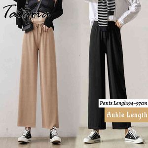 Wide Leg Pants for Women Khaki Color Silk with Elastic Waist Classic Beige Summer Trousers Loose Casual Stacked 210514