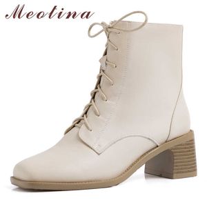 Stivaletti Meotina Scarpe da donna Stivaletti con tacco alto in vera pelle Stivaletti con punta quadrata Tacco a spillo con zip Stivali da donna autunno Beige 40 210608